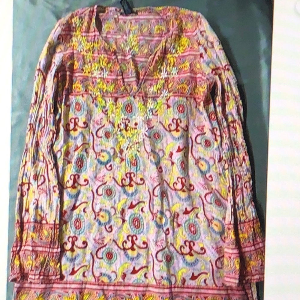 Lucky Brand Embroidered Tunic Top Small Pink Paisley Long Sleeve Boho Blouse S